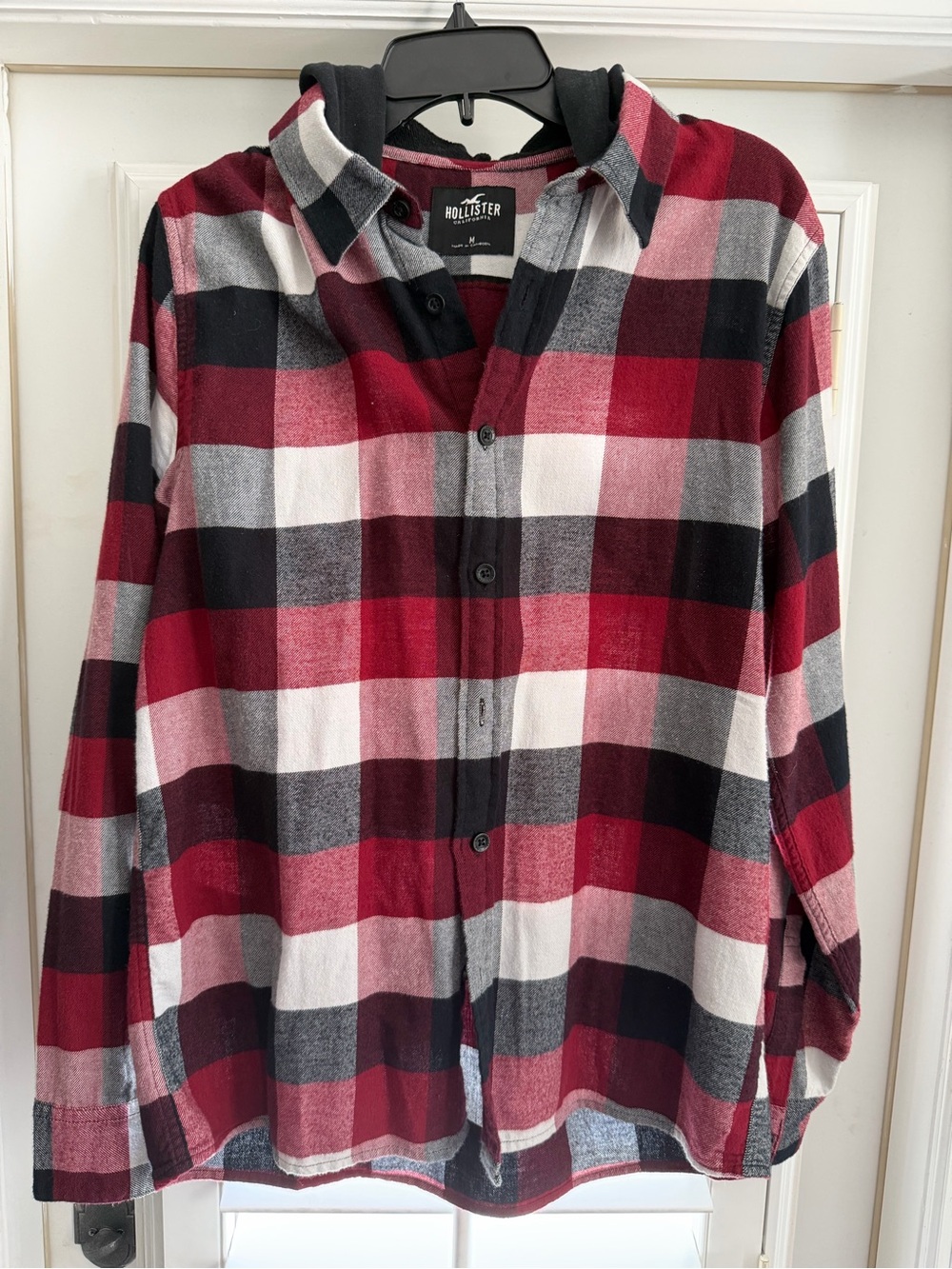 Hollister Men’s Red Black White Plaid Button-Down Shirt with Hood